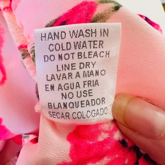 May & July Hot Pink and Green Floral Rose Short Sleeve Peplum Crop Blouse S - Picture 8 of 11